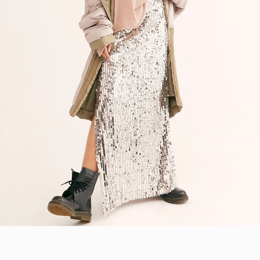 Free People Rose Gold Sequin Maxi Skirt